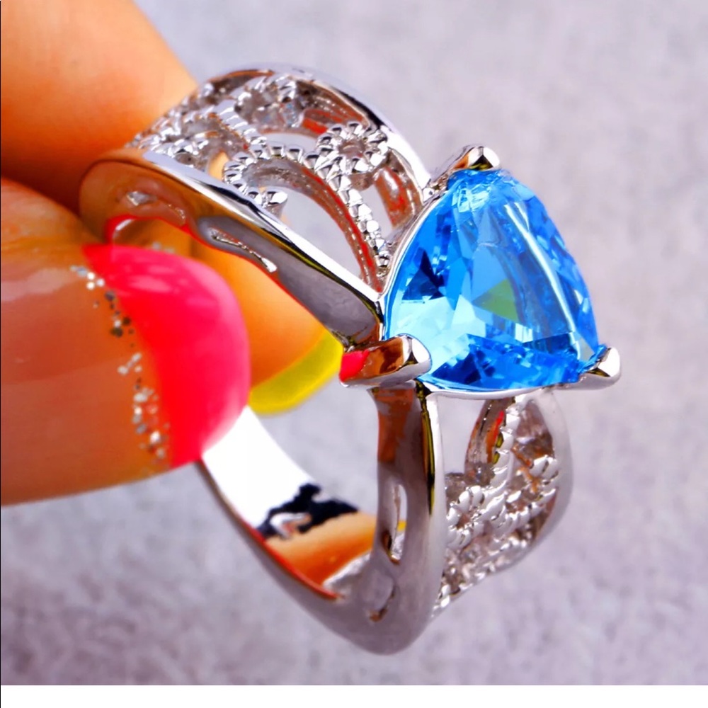 925 Silver Stamped Unique Blue Topaz Ring